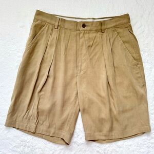 Tommy Bahama Relax Shorts Men's‎ 33 Khaki 100% Silk 9" Pleated Golf Beach Travel